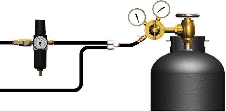 Alternated Setup #2: This setup uses a single compressed gas cylinder with a high-pressure regulator and an additional low-pressure regulator that is inline.