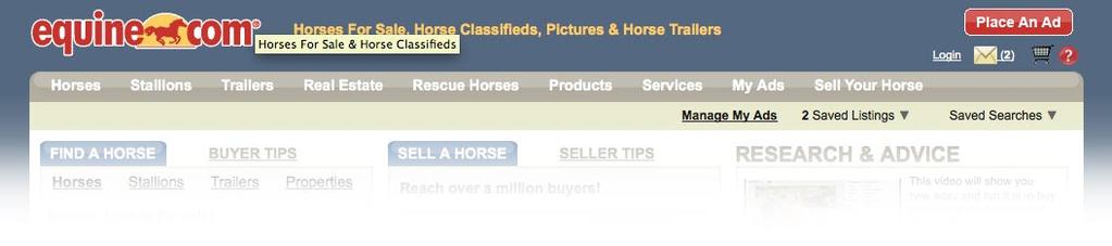 Step 3: Create Your Horse Ads on Equine.com 1. Login using your new rescue organization account. From the homepage (www.equine.