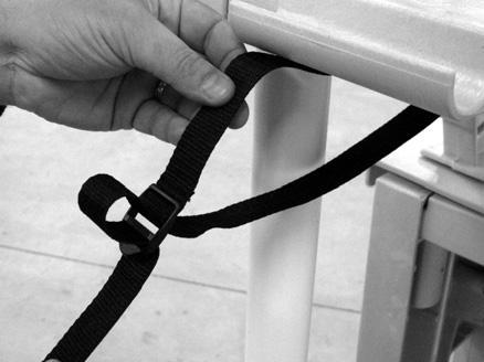 With Platform (B) flat and level to the pool top rail, feed the end of the strap under the pool top rail and secure it to the clasp on the other end