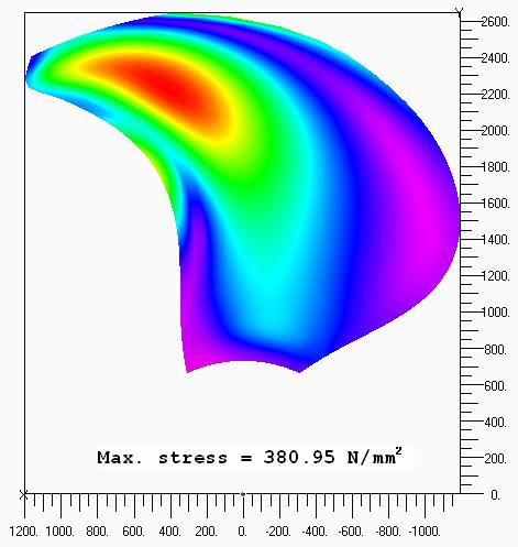 For ice load case 2, again the stress contours are plotted in Figure 11 and 12. In this case, since the ice load causes the blade stress (380.