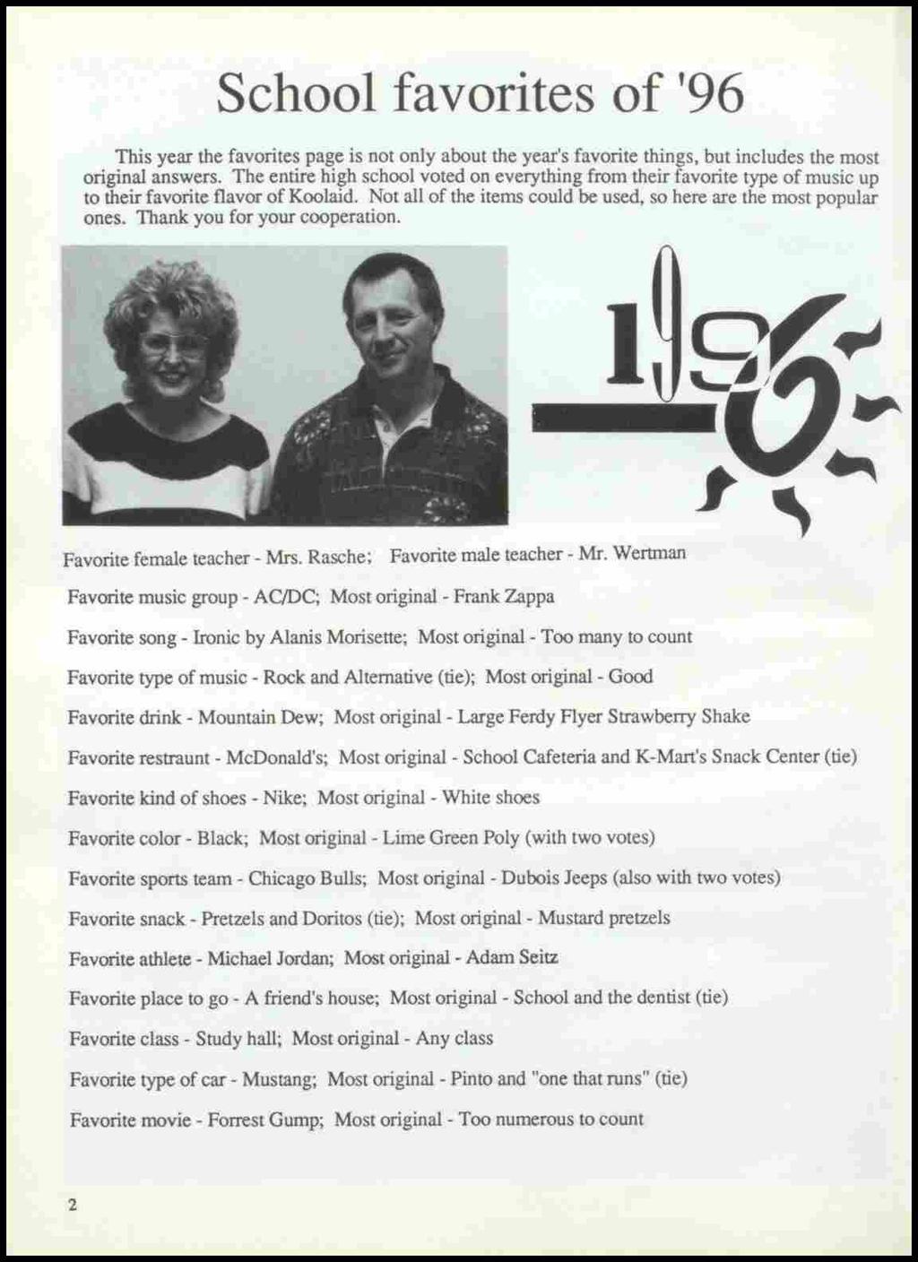 School favorites of '96 This year the favorites page is not only about the year's favorite things, but includes the most original answers.