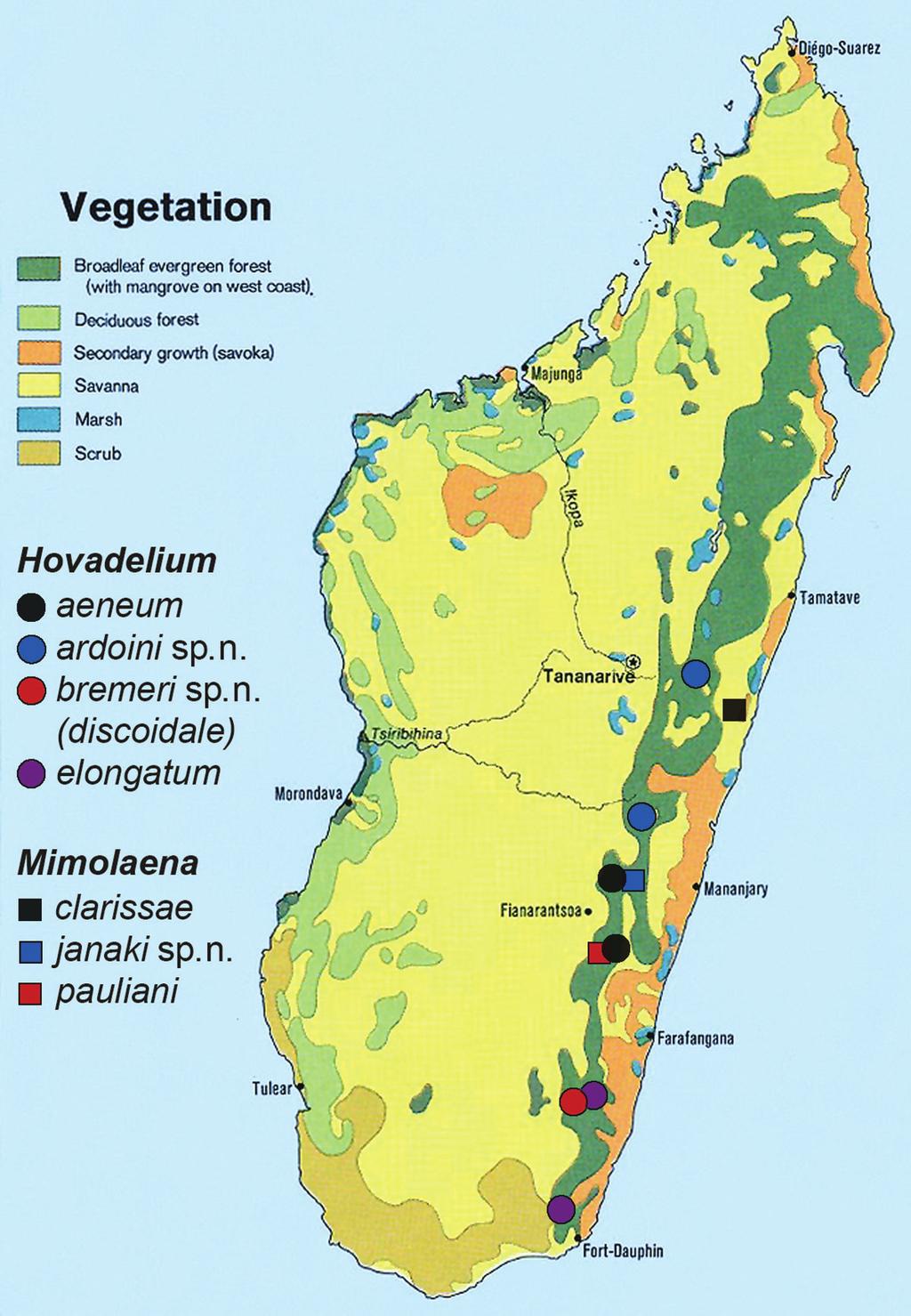Revision of the genera Hovadelium Ardoin and Mimolaena Ardoin... 57 Figure 1. Records of Laenini in Madagascar, vegetation map (modified from NationMaster.com).