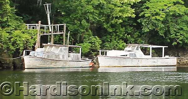 Two old United States Navy boats find a place to rest on the river.