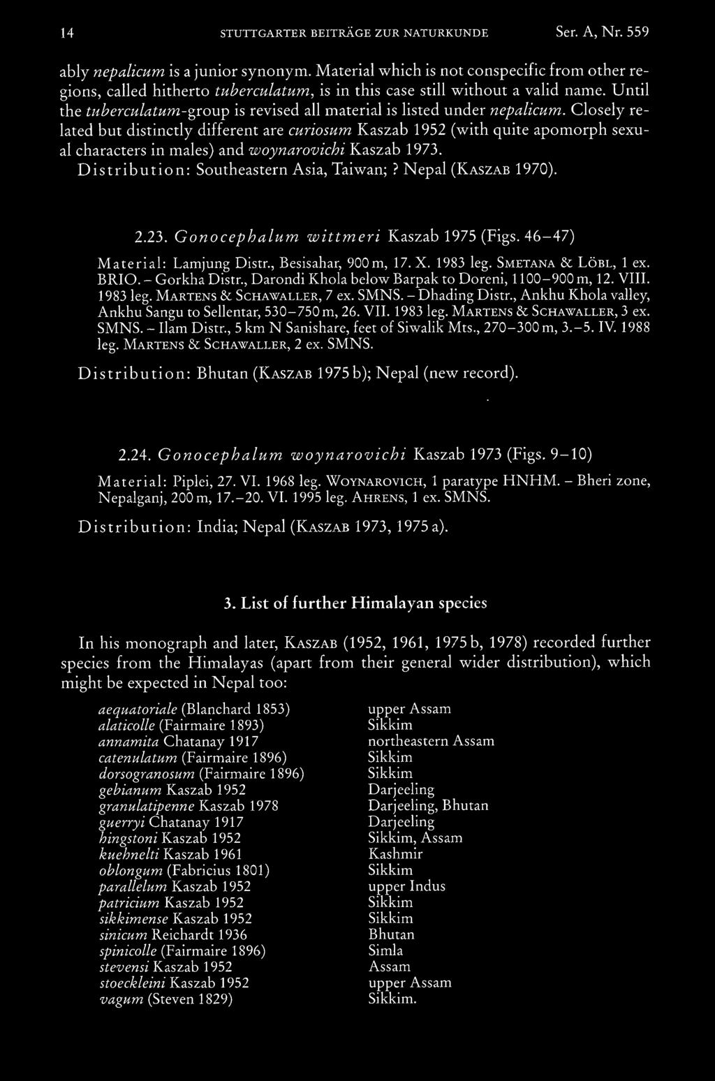 Nepal (Kaszab 1970). 2.23. Gonocephalum wittmeri Kaszab 1975 (Figs. 46-47) Material: Lamjung Distr., Besisahar, 900 m, 17. X. 1983 leg. Smetana & Löbl, 1 BRIO. - Gorkha Distr.