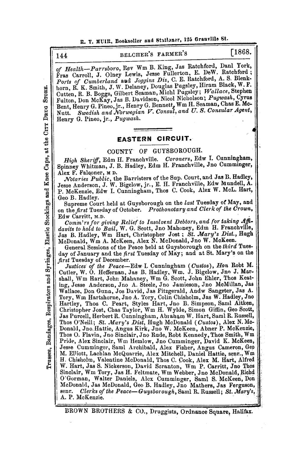 It. 1'. MUm, fioollsoller and ShtlJller, 121) Granville st. 1144 BELCHER'S FARMER'S [1868. of Health-PaTrsboro, lt~v Wm B. King, Jas Ratchford, Danl York, Fras Carroll, J.