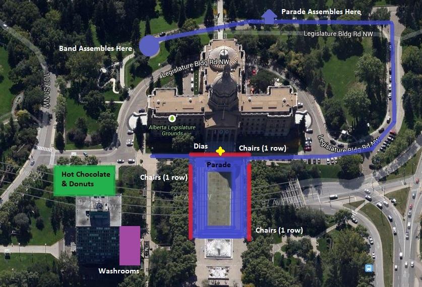 Sequence of Events with Commands All parade positions and personnel with assigned duties will gather at the door of the front steps of the Legislature for 0900h to walk through the parade and