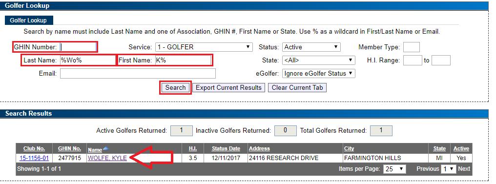 7. There are 3 ways to search for golfers. a. Search by name i. It is important to understand how to use the % symbol when searching.