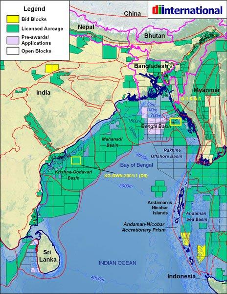 Oil and mineral exploration The major sedimentary basins and current blocks under lease in the Bay of Bengal.