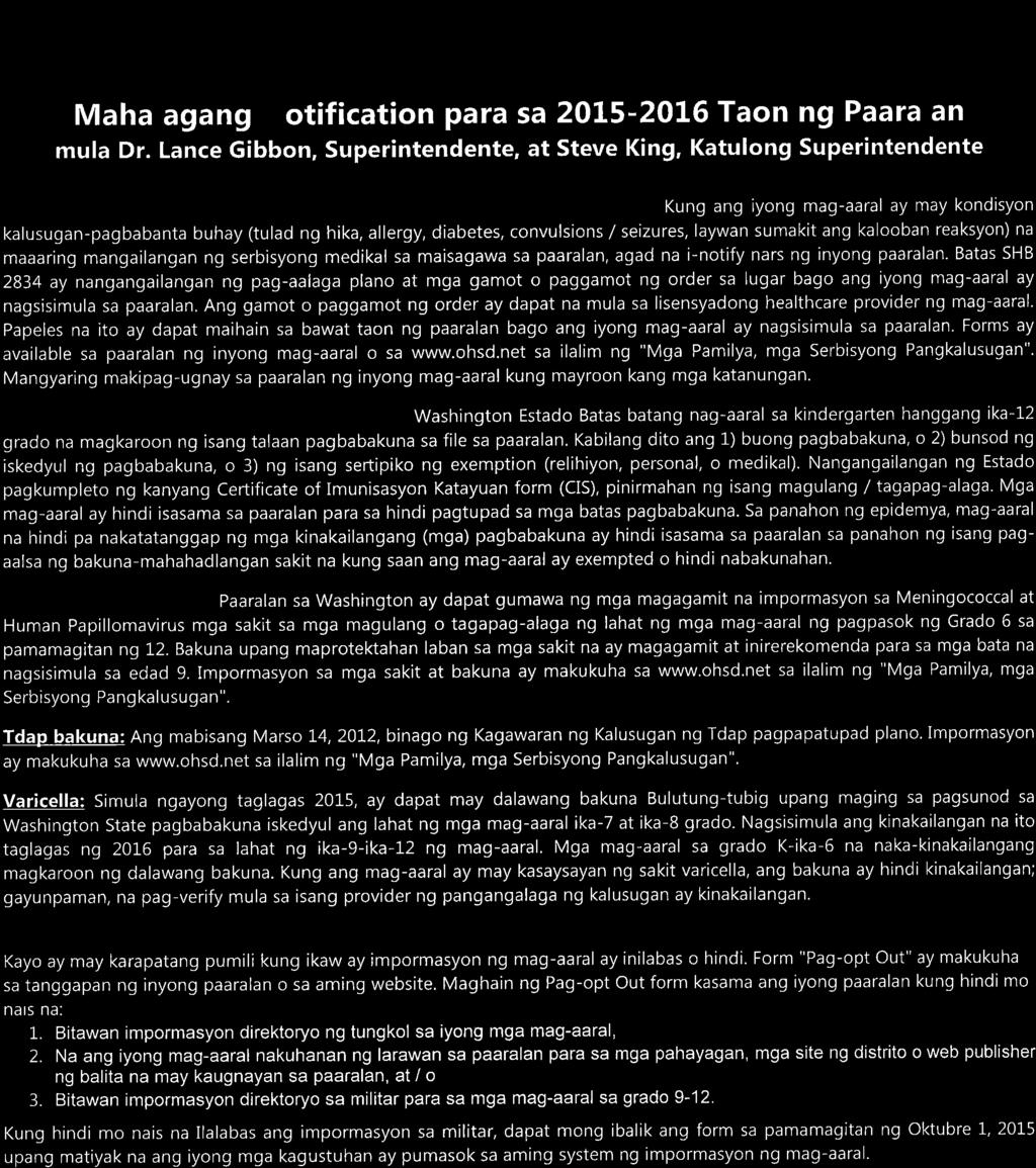 OAKHARBOR Public Schools :s= æ=- Mahalagang Notification para sa 2015-2OL6 Taon ng Paaralan mula Dr.