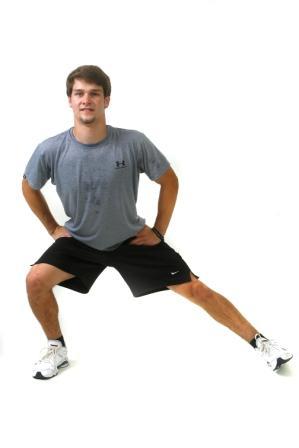 Side Lunge Start: Stand with feet hip-width apart and hands on hips. Movement: Take a large step to the side with both toes facing forward.