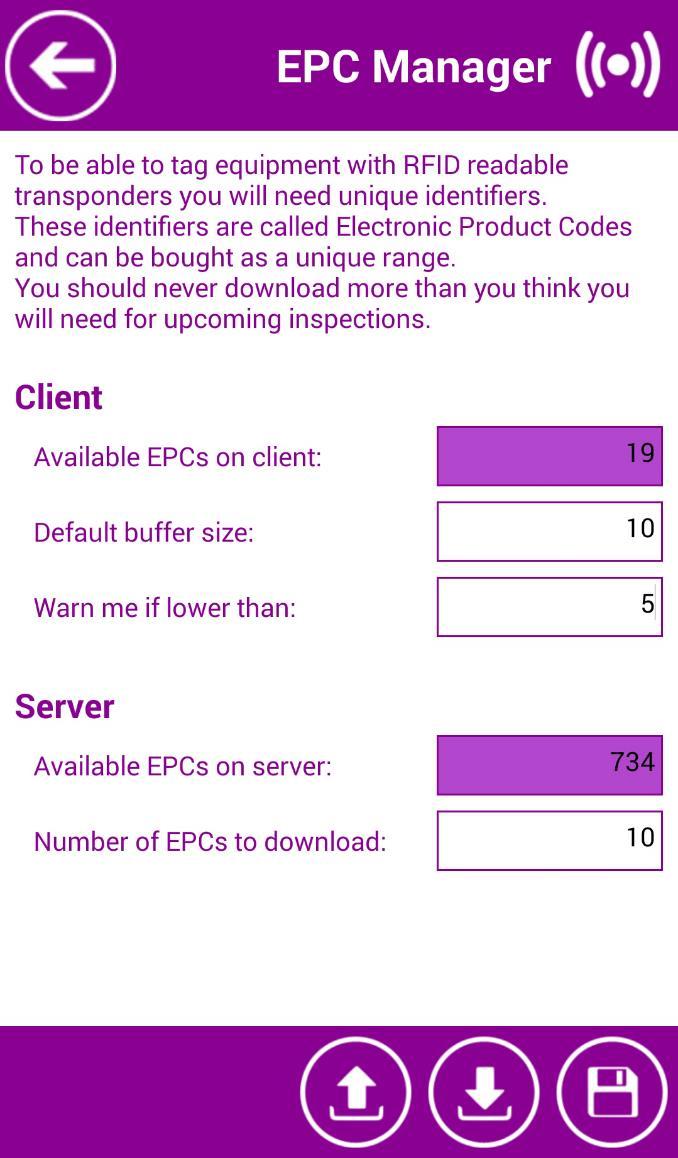 SETTINGS Figure 4: EPC Manager Client: - Available EPCs on client: number of available EPCs already downloaded from the server.