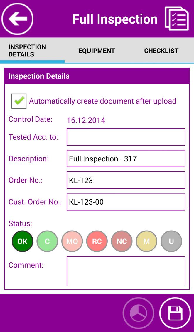 PERFROM FULL INSPECTION PERFORM FULL INSPECTION Tap the Full Inspection tile in the Main menu to open the Full Inspection section.