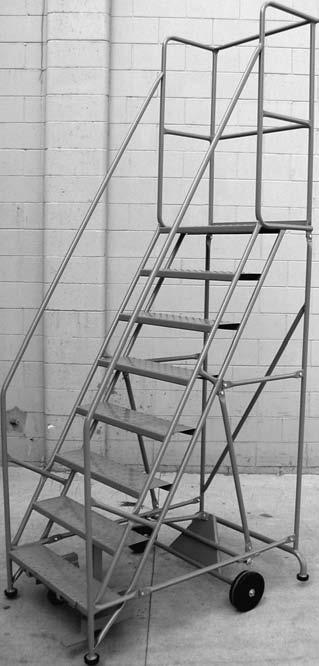 RIP MOBILE LADDER STANDS Excellent manoeuvrability Rotates in place Positive four point positioning on floor 8HR Rotates in place (RIP) 42" high handrail 15" deep platform 1" x 16 ga.