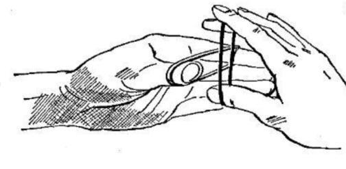 Penetrating Bands ( Crazy Mans Handcuffs} Watch the video, this will make learning this much easier 1 To start stretch a band between the thumb and middle finger of your right hand.