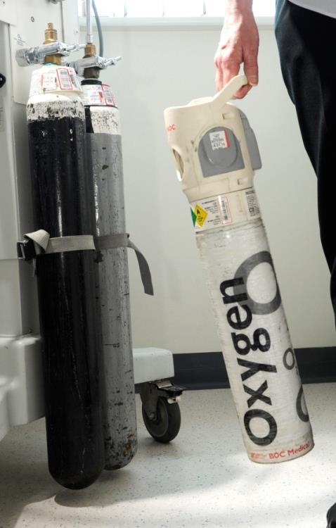 Oxygen cylinders have either a black and white collar or are all white.