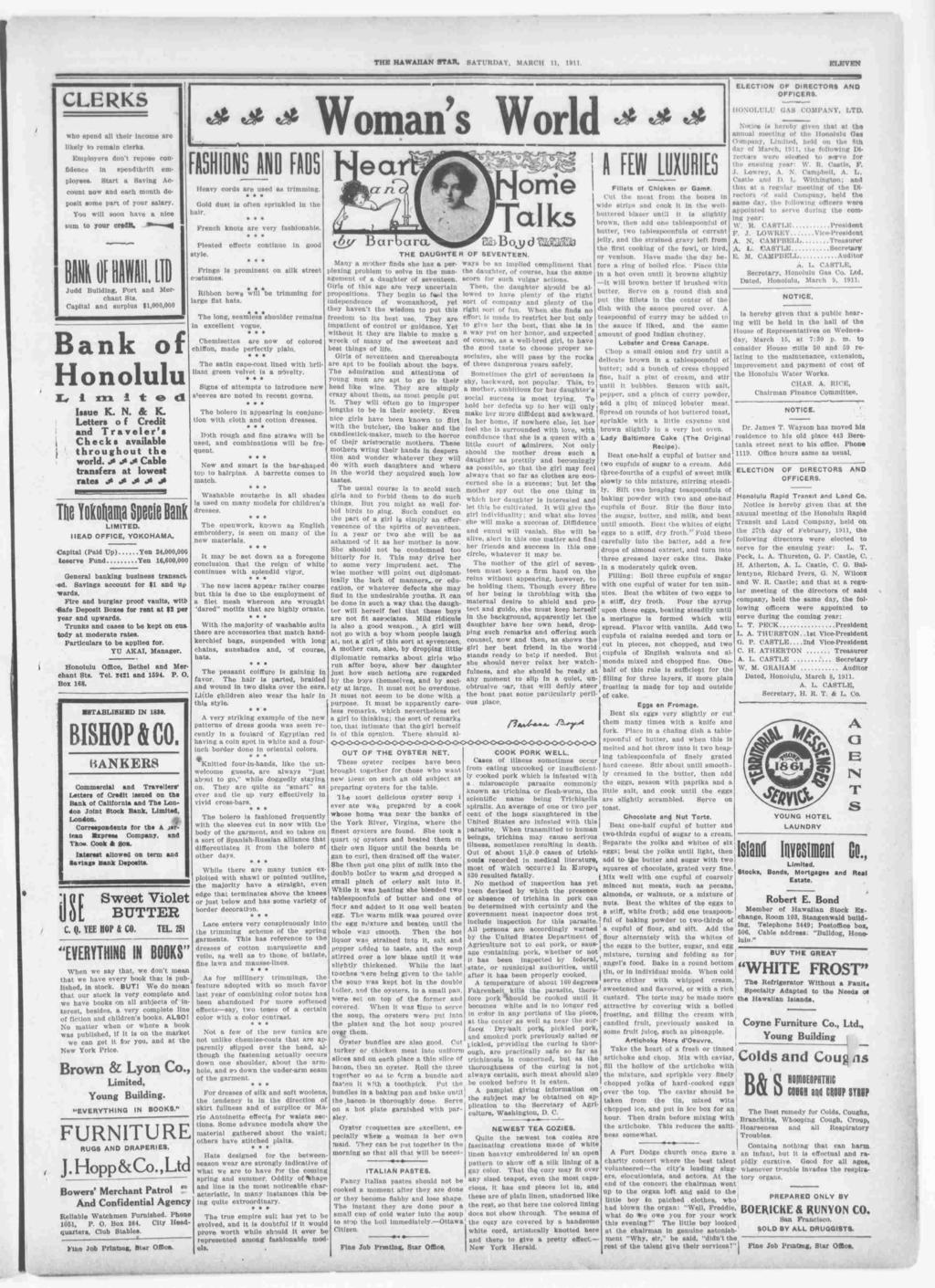 TUB HAWAAN STAR, SATURDAY, MARCH 11, 1911. ELEVEN CLERKS w ELECTON OF DRECTORS AND OFFCERS. ft S HONOLULU OAS COMPANY, LTD.