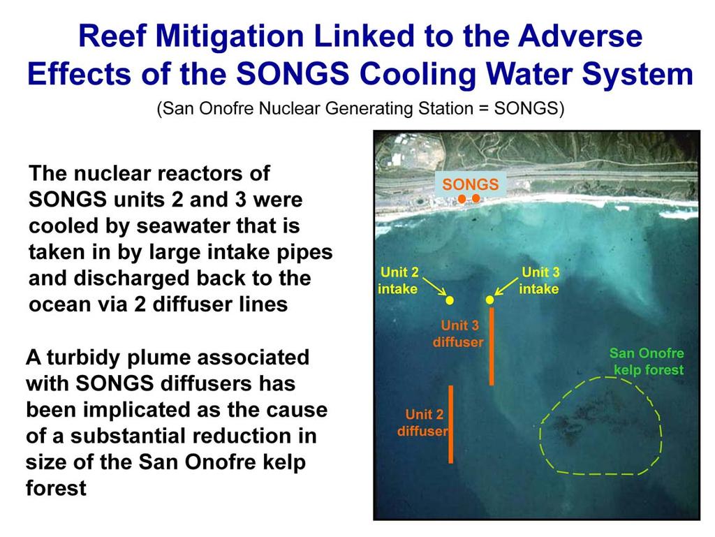 The SONGS artificial reef mitigation project is linked to the adverse effects of the SONGS single pass seawater cooling system on the San Onofre kelp forest, which is located directly offshore of the