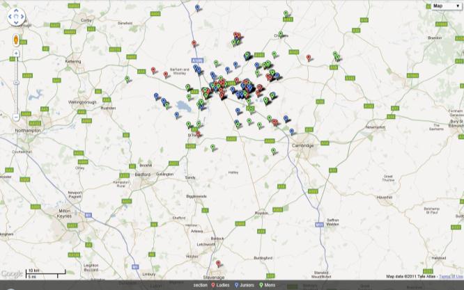 The following map shows the geographic spread of all playing members registered with St Ives Hockey Club has teams