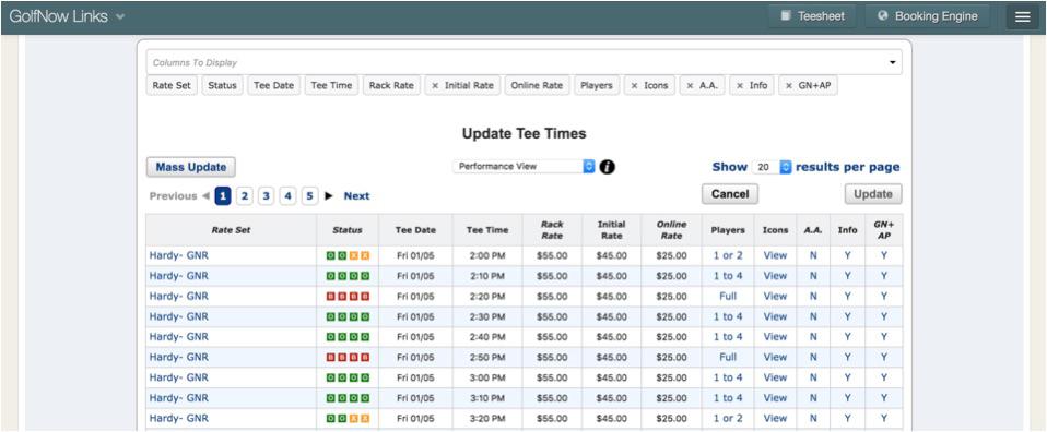 Update Tee Times Update Tee Times, continued Update Tee Times - Single Cell Make changes to cells one at a time. Change the results per page to view all tee times on a single page. 1.