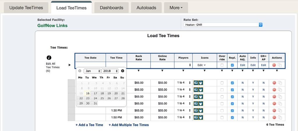 Select and edit a cell in the master row to change all tee times or all selected tee times