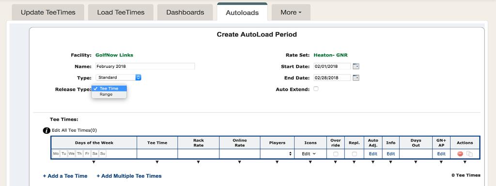 Autoloads Autoloads Create a schedule of recurring future tee times based on pre-set parameters. Changes to the autoload will only impact tee times that do not currently exist in Update Tee Times.