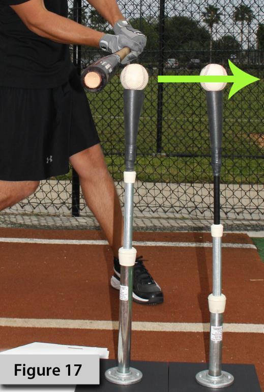 TWO BALL, TWO TEE DRILL Summary This drill is helpful for hitters who are having trouble getting off their back side, spinning off the ball instead of driving through it, or pulling most pitches.