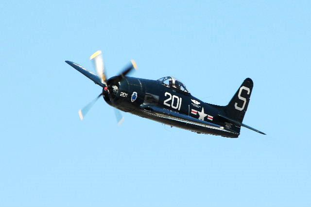 Our Grumman F8F-2 Bearcat has the tail symbol (S) of the US carrier Shangri La which was on its way to Japan in 1945 just