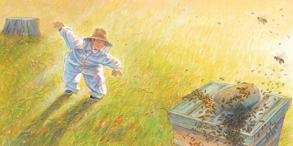 That too-big bee suit made it hard to walk, but Henry was determined to let the bees know about the new box. He shuffled past the watching stump.
