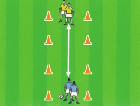 1 C Through the Channel: Set up a channel of cones approx -10m long and 2m wide. 2 players line up at either end. The 1st player punt kicks the ball to the next player at the other end.