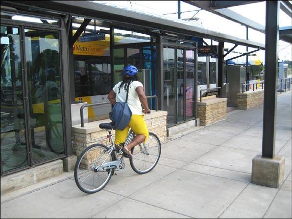 Good sidewalk access and on-street bike lanes between destinations and bus stops and transitway stations can encourage travelers to use transit, thereby reducing auto trips while supporting mixed-use