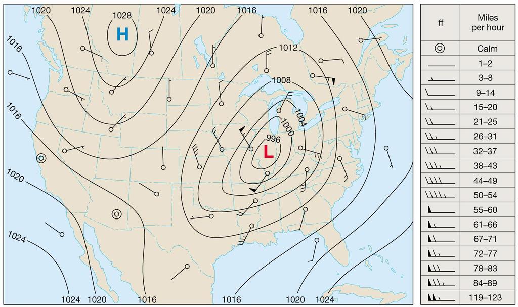 A weather map showing isobars