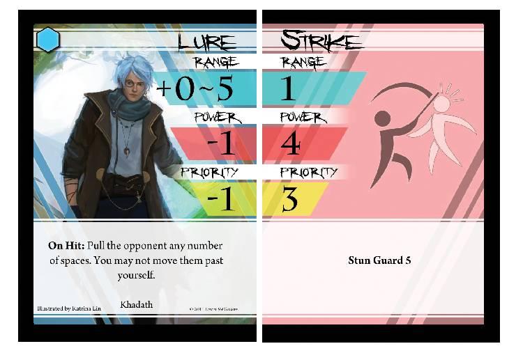 Example Attack Pair: Lure Strike This attack pair will have 1~6 range, 3 power, and 2 priority. It also has all effects of both cards.