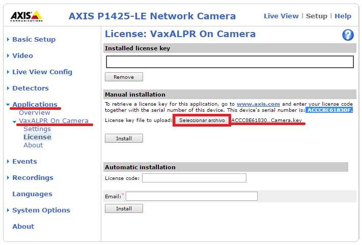 Axis camera setup: Applications > VaxALPR On Camera > License 5.