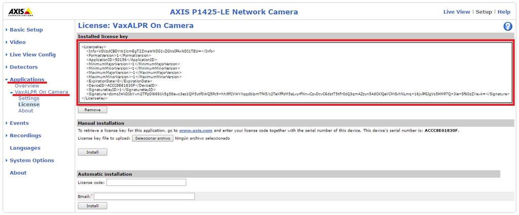 Axis camera setup: Applications > VaxALPR On Camera > License 6. This is what it looks like when the license is installed.
