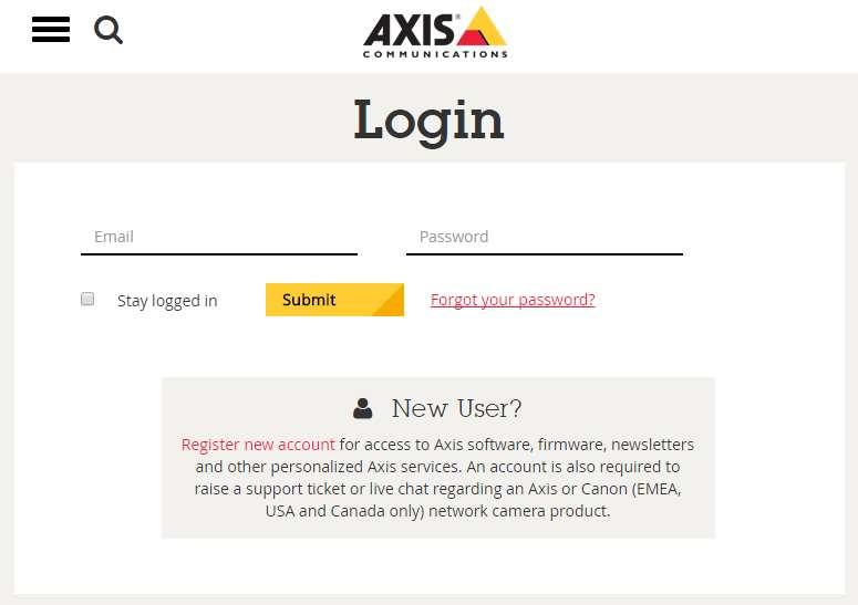 2. Access the Axis website https://www.axis.com/global/en/products/cameraapplications/license-key-registration#/registration. If you already are an Axis user, just log in.