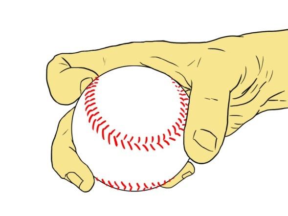 The index finger is aligned alongside the index but with minimal pressure. The thumb is placed underneath the ball on the back seam.