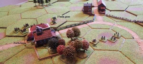 The Infantry MG unit swings left and heads for Zachelmna, which will take two moves. As an emergency measure, the 3.