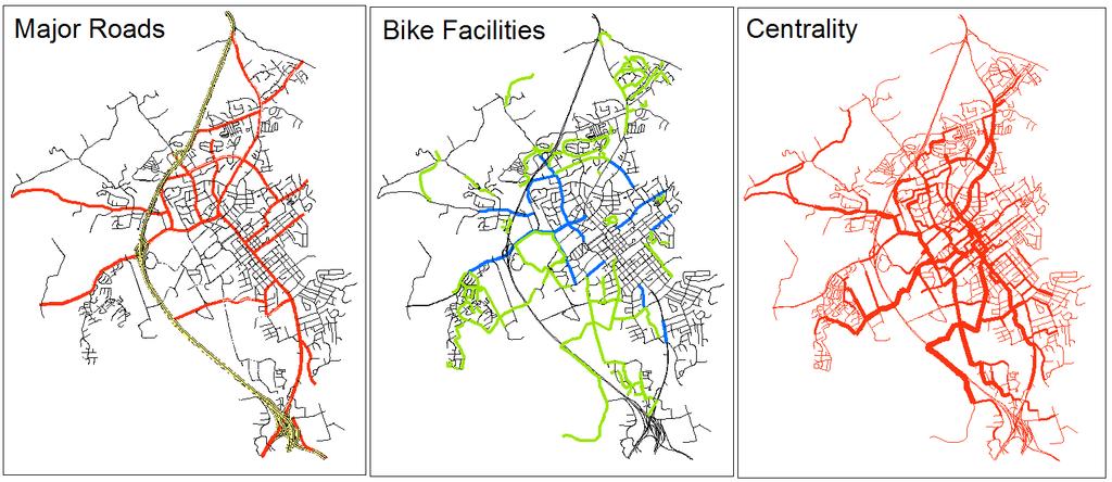 Figure 13. Major roads (left), bicycle network (middle), and centrality (right) for Blacksburg.