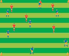- Once a player on the flank has the ball, the other 3 players have to make sure they create two passing options, as fast as possible, without running completely to the cone.