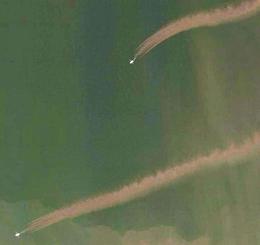 We can see from space how trawlers stir up sediment Here: shrimp trawlers off the