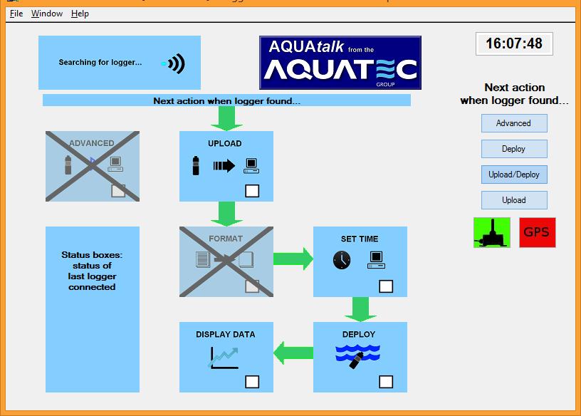 Deploying the AQUAlogger 530WTD Standard mode The AQUAtalk software features a deployment wizard to assist with setting up the logger.