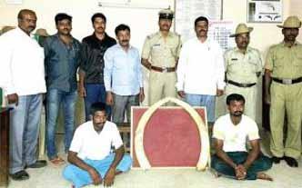 Seizure of a pair of tusks, 2 teeth and a few elephant bones Kallugundi, State of Karnataka, India June 6, 2014 A lookout brigade in the Madikeri Forest arrested 4 traffickers.