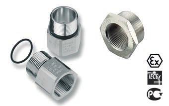 Adaptors Adaptors with NPT male threads Adaptors can be used to connect threaded holes and cable glands of different thread sizes and types. Brass, nickel-plated Temperature range -40 C.