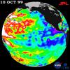 In the first figure, you can see the El Niño s high surface temperatures in the Pacific Ocean (red area).