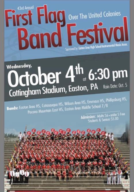 First Flags The First Flag Over the United Colonies Band Festival will be held on Wednesday, October 4 (raindate Thursday, October 5) at our own Cottingham Stadium.