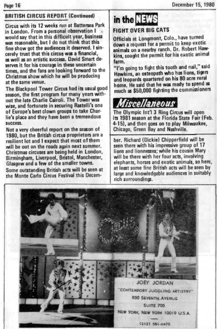 Page 16 December 15, 1980 BRITISH CIRCUS REPORT (Continued) Circus with its 12 weeks run at Battersea Park in London. From a personal observation I.