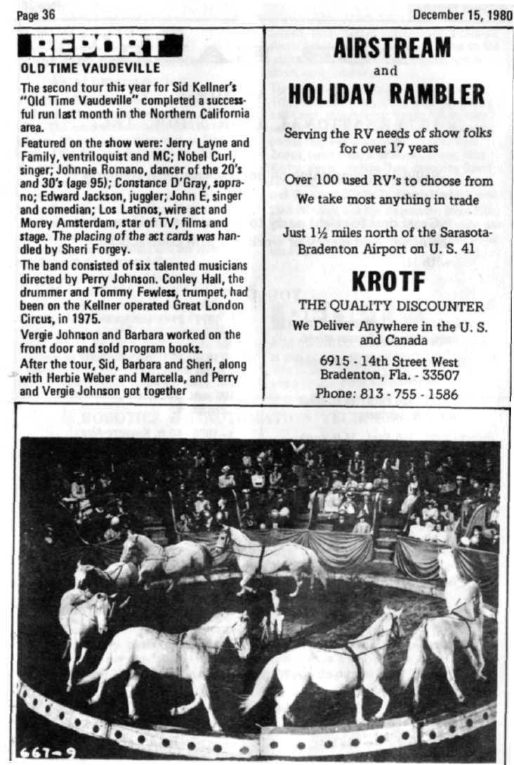 Page 36 December 15,1980 OLD TIME VAUDEVILLE The second tour this year for Sid Kellner's "Old Time Vaudeville" completed a successful run last month in the Northern California area.