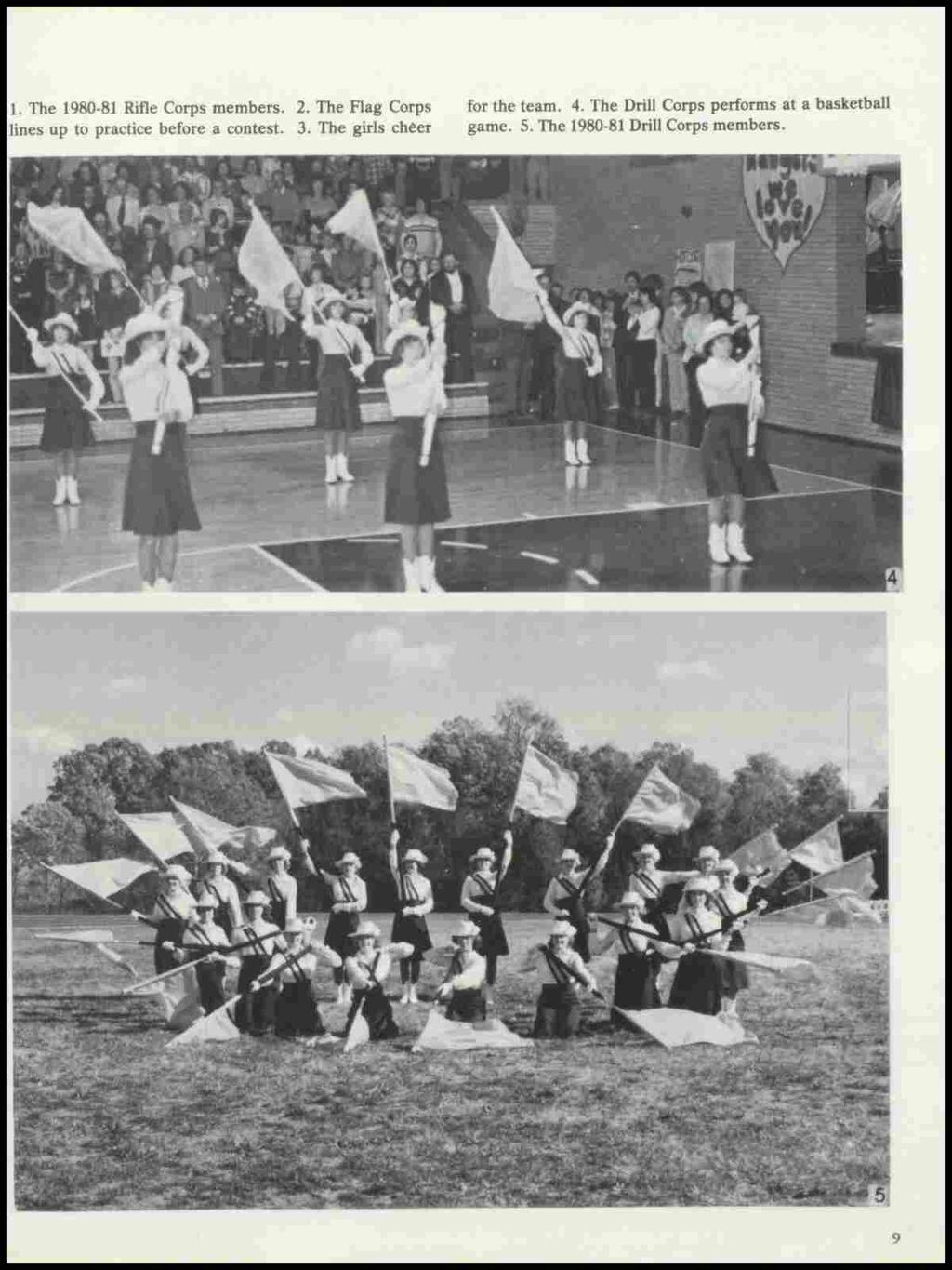 1. The 1980-81 Rifle Corps members. 2. The Flag Corps lines up to practice before a contest. 3.