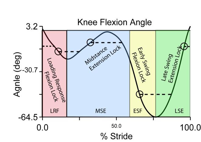 Figure 3.12: Locking strategies during one stride (heel-strike to the next consecutive heel-strike).