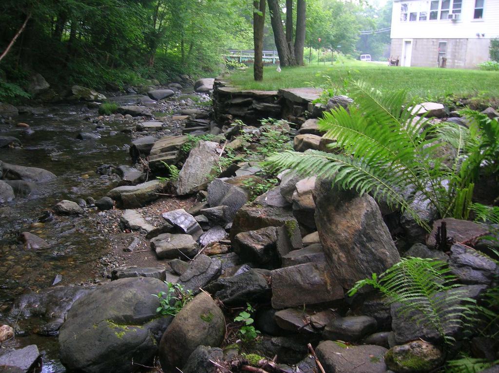 An example of shoreline bank armoring on Mink Brook. During high flows, the stream is precluded from accessing its floodplain where the velocity of flows could be naturally reduced.